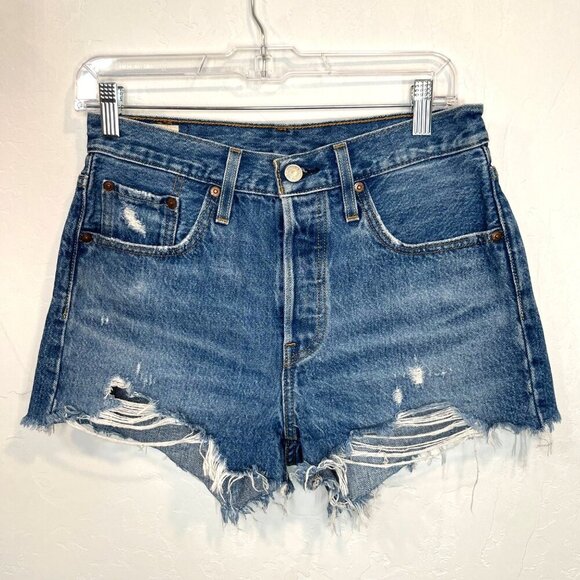 Levi's 501 Premium Cut off jean denim shorts Size 27 Medium wash High rise - Picture 4 of 11